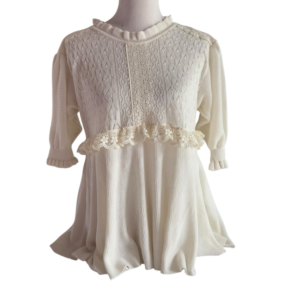 🌼5 for 25🌼 ZARA Women Beige Ivory Mixed Pointelle Lace Ruffled Top Blouse Size S